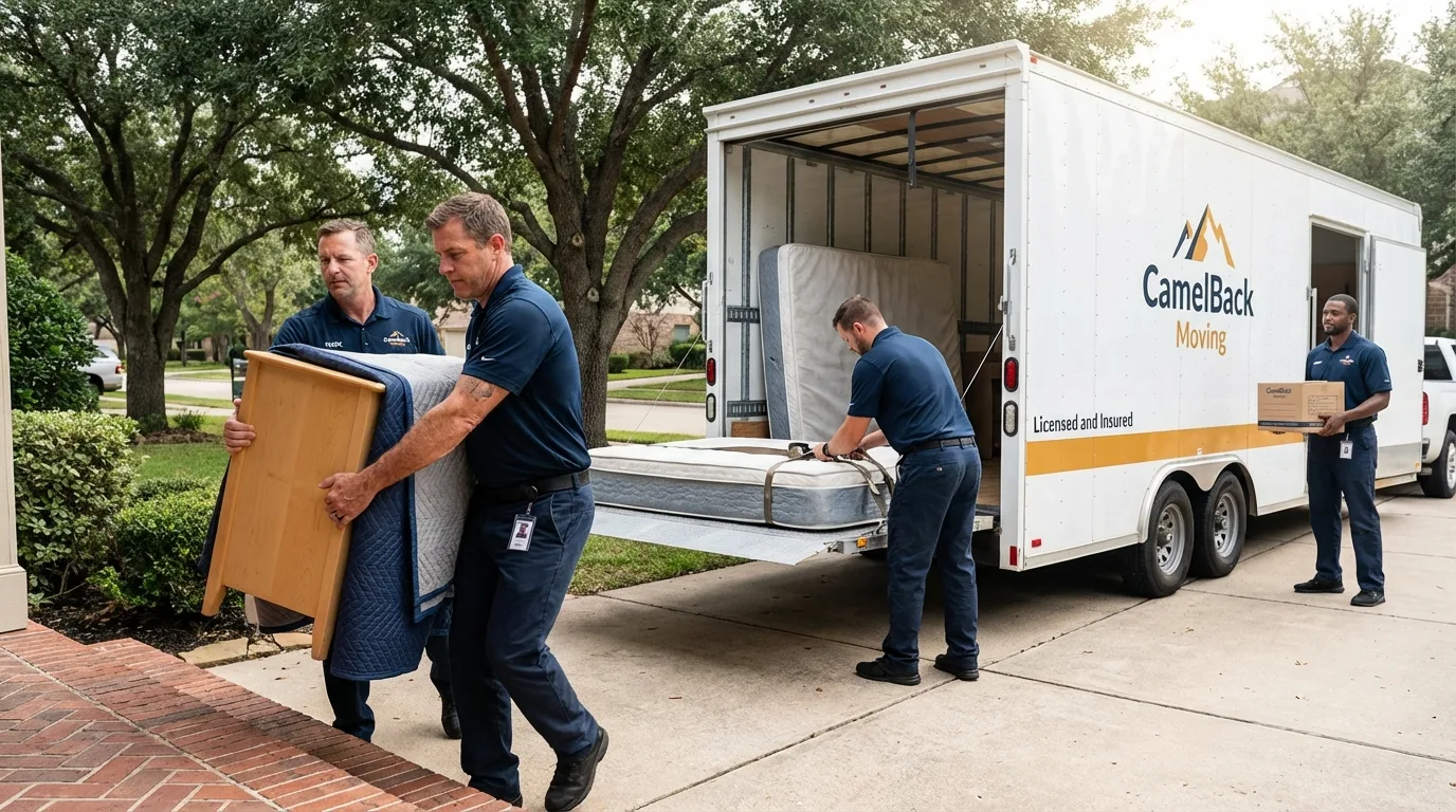 Crew loading residential truck for cross-state move from Comfort, TX