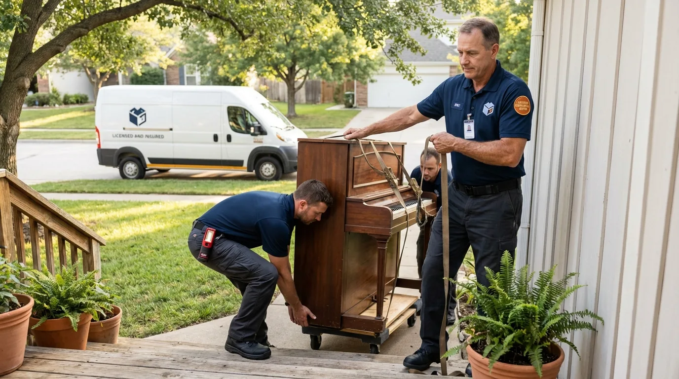 Licensed piano movers securing grand piano in Comfort, TX