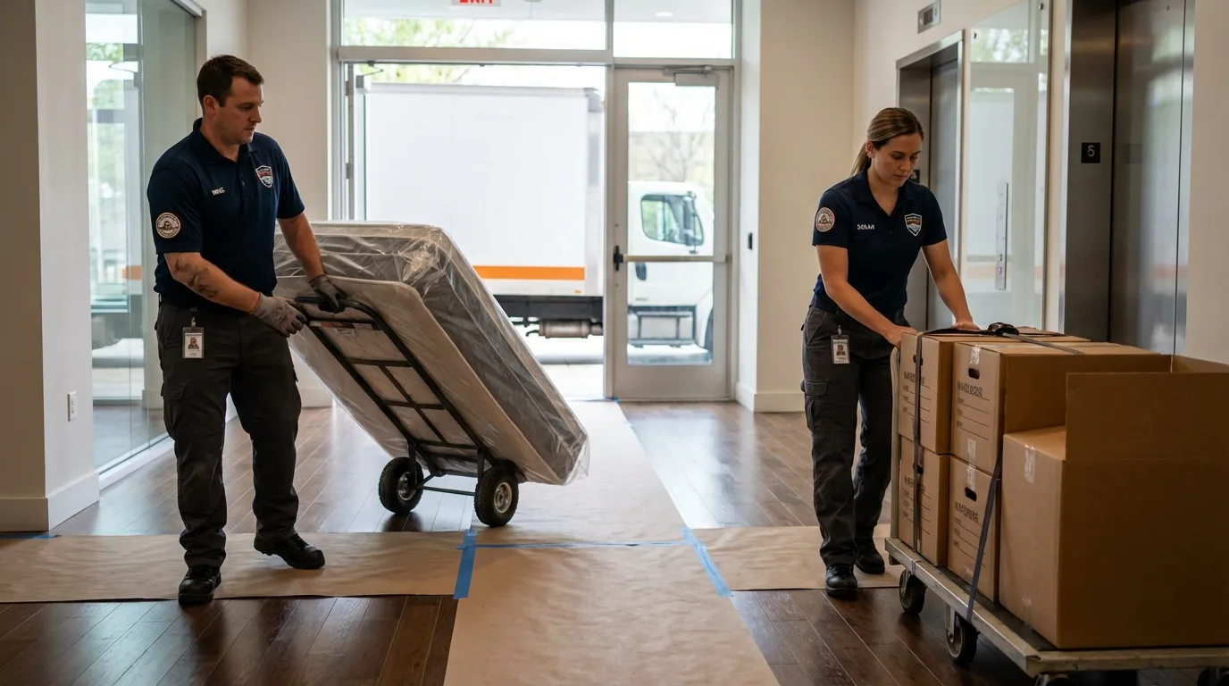 Professional apartment movers loading elevator in Comfort, TX